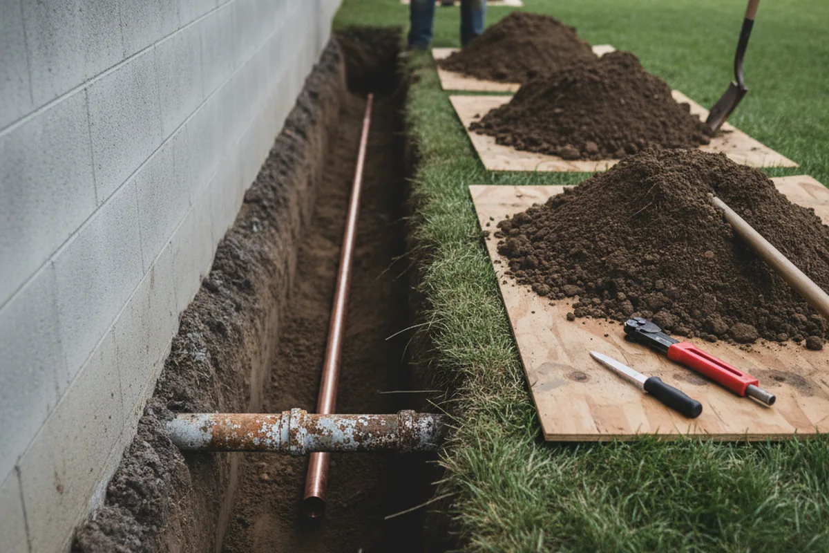 Excavated water line trench during Water Heater Repair in Splendora